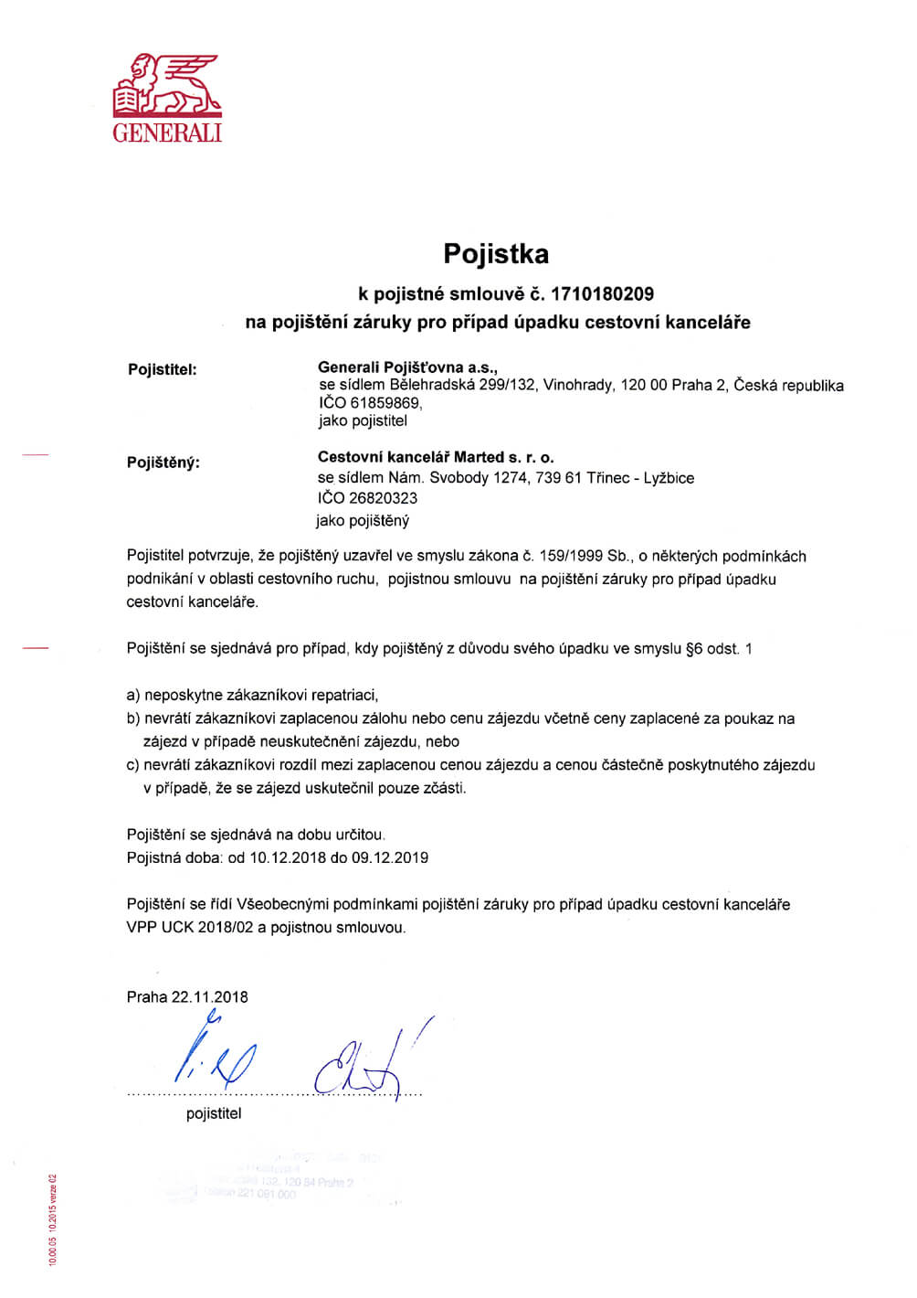 Certifikát pojištění Certifikát pojištění