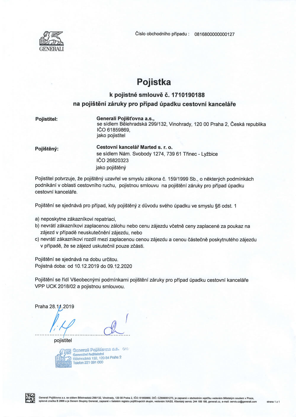 Certifikát pojištění Certifikát pojištění